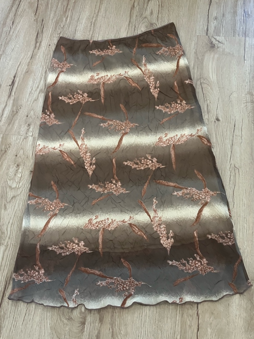 Y2k Satin Floral Maxi Skirt in Bronze with Tan -Tone graphic design